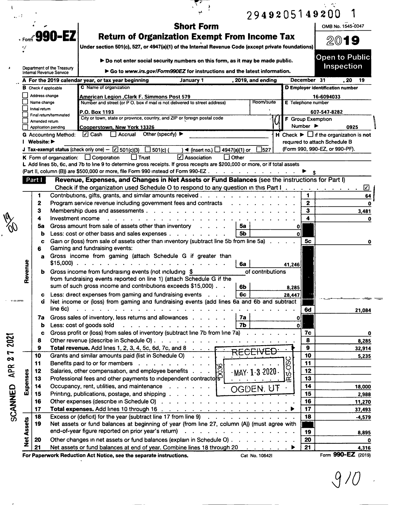 Image of first page of 2019 Form 990EO for American Legion Post 579