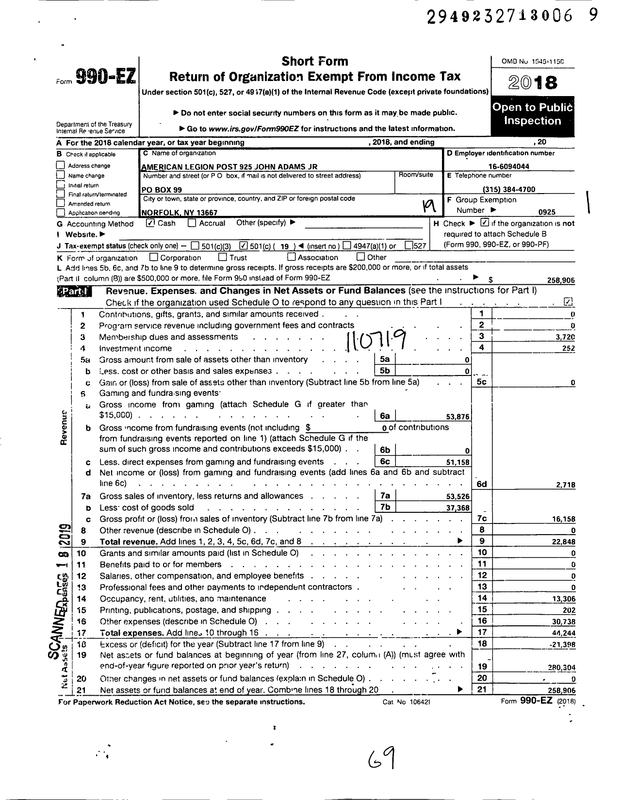 Image of first page of 2018 Form 990EO for American Legion - 925 John Adams Jr Post