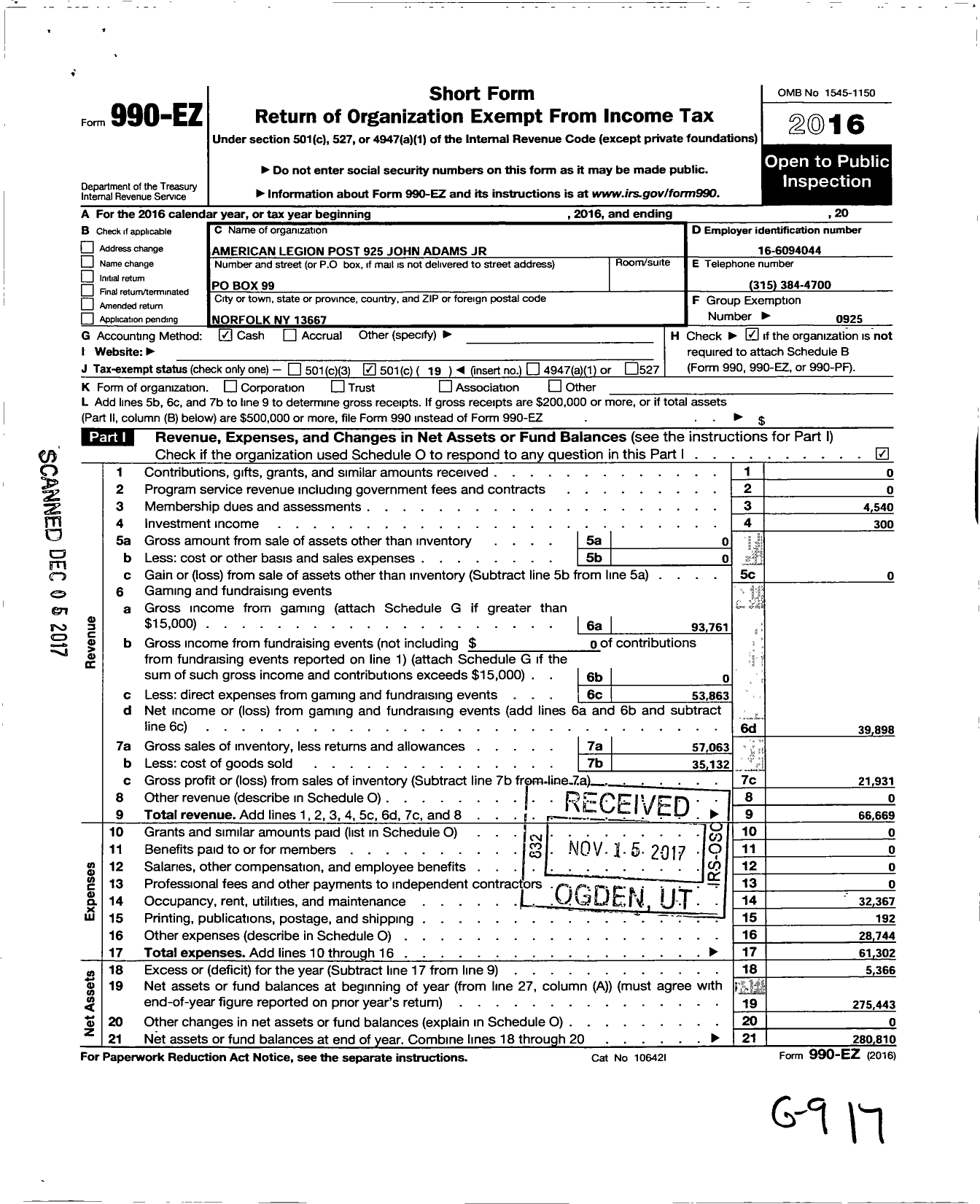 Image of first page of 2016 Form 990EO for American Legion - 925 John Adams Jr Post