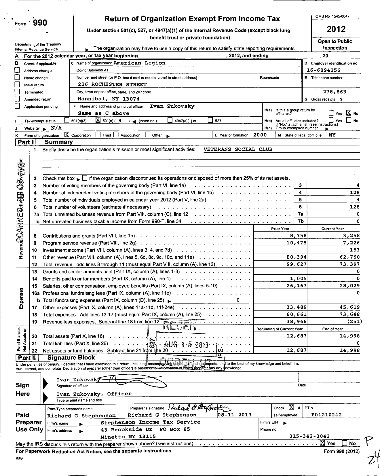 Image of first page of 2012 Form 990O for American Legion - 1552 Prior Stock