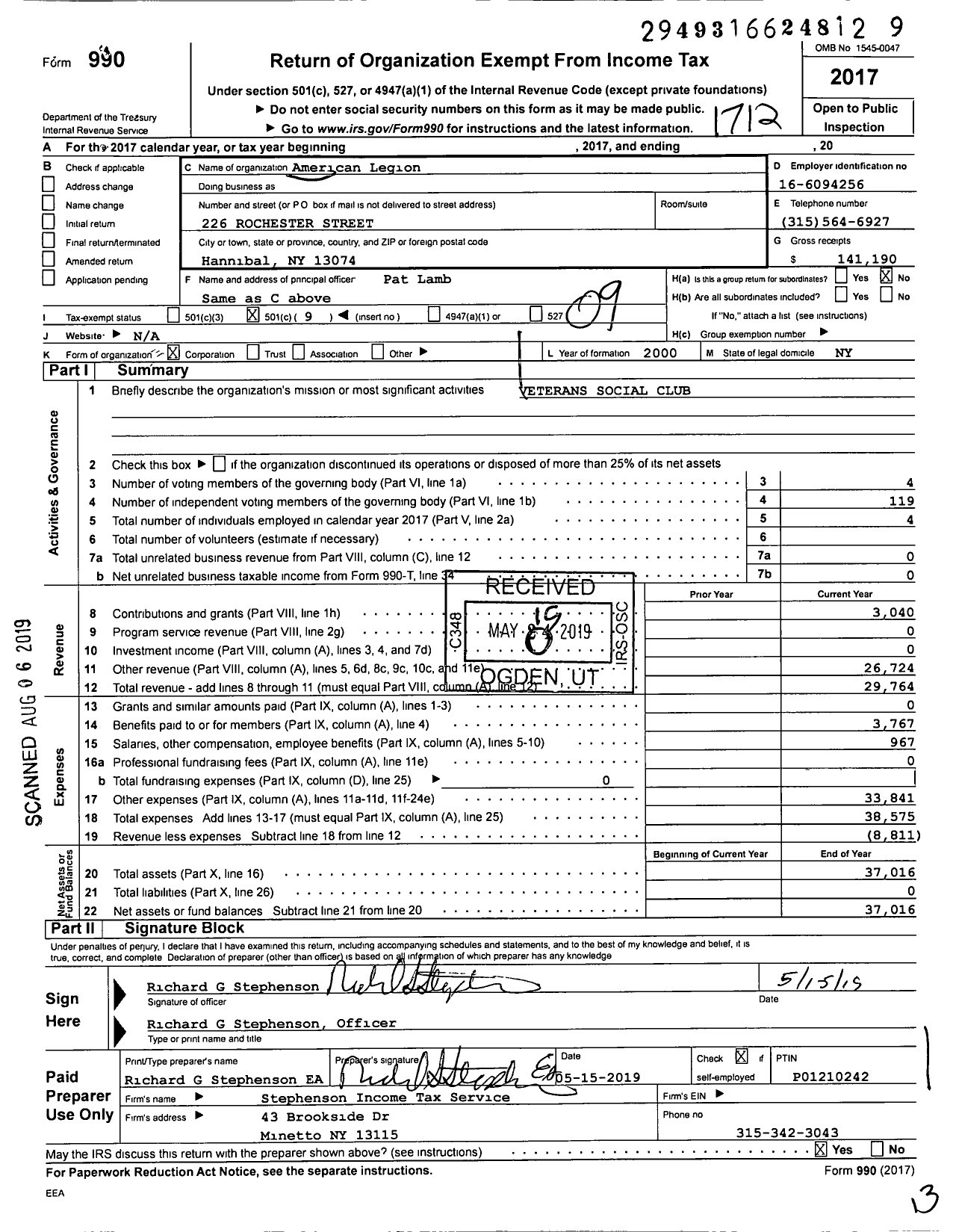 Image of first page of 2017 Form 990O for American Legion - 1552 Prior Stock