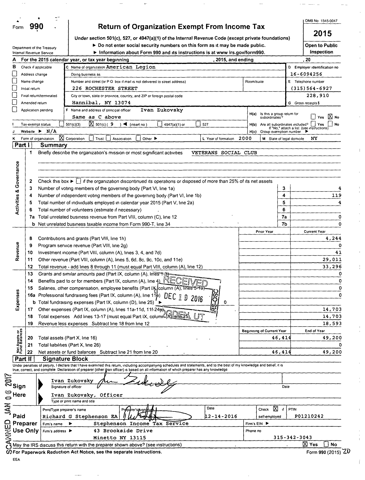 Image of first page of 2015 Form 990O for American Legion - 1552 Prior Stock