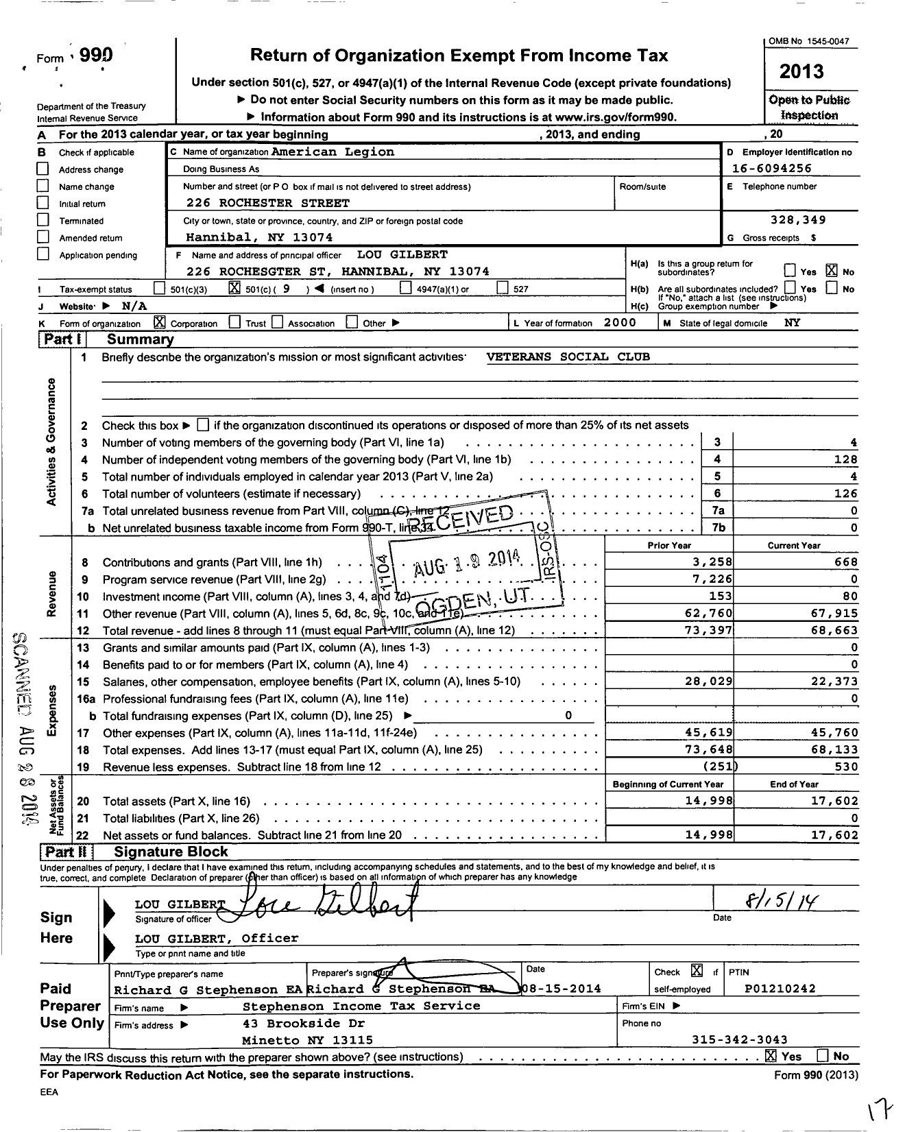 Image of first page of 2013 Form 990O for American Legion - 1552 Prior Stock