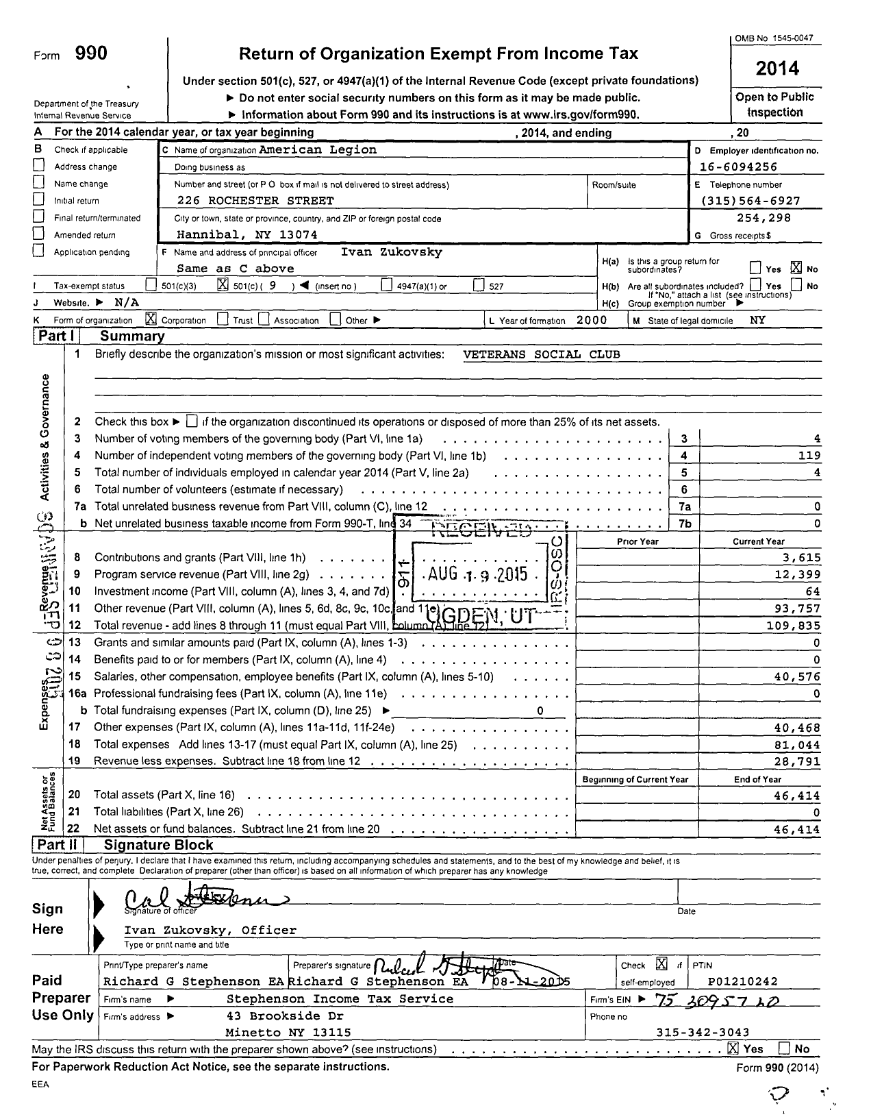 Image of first page of 2014 Form 990O for American Legion - 1552 Prior Stock