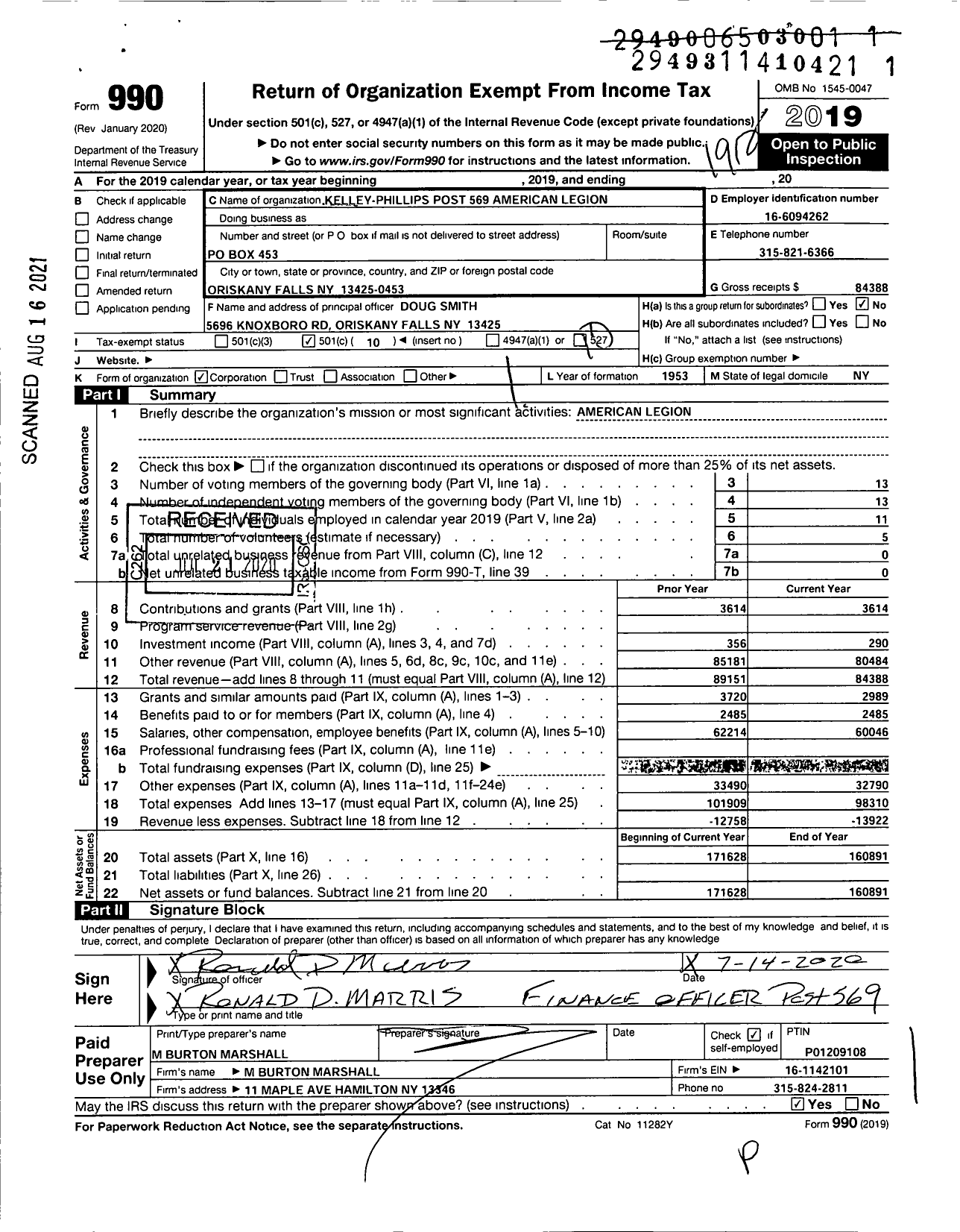 Image of first page of 2019 Form 990O for American Legion - Kelley-Phillipspost 569 Americ