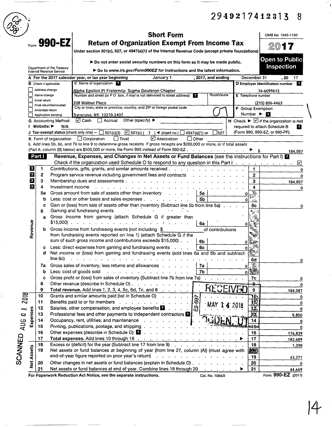 Image of first page of 2017 Form 990EO for Alpha Epsilon Pi Fraternity / Sigma Deuteron Chapter