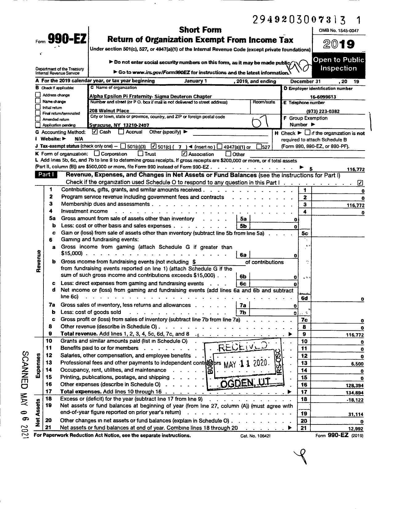 Image of first page of 2019 Form 990EO for Alpha Epsilon Pi Fraternity / Sigma Deuteron Chapter