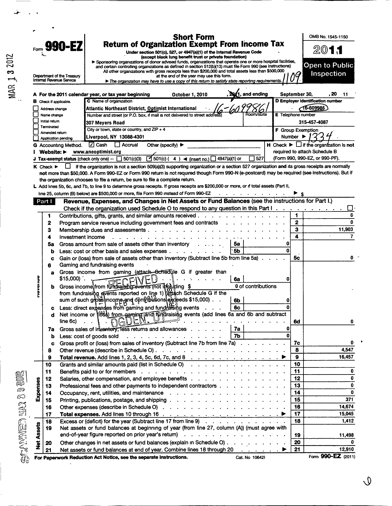 Image of first page of 2010 Form 990EO for Optimist International - 01999 Atlantic Northeast District