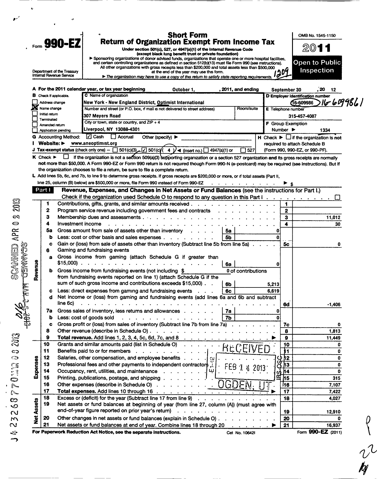 Image of first page of 2011 Form 990EZ for Optimist International - 01999 Atlantic Northeast District