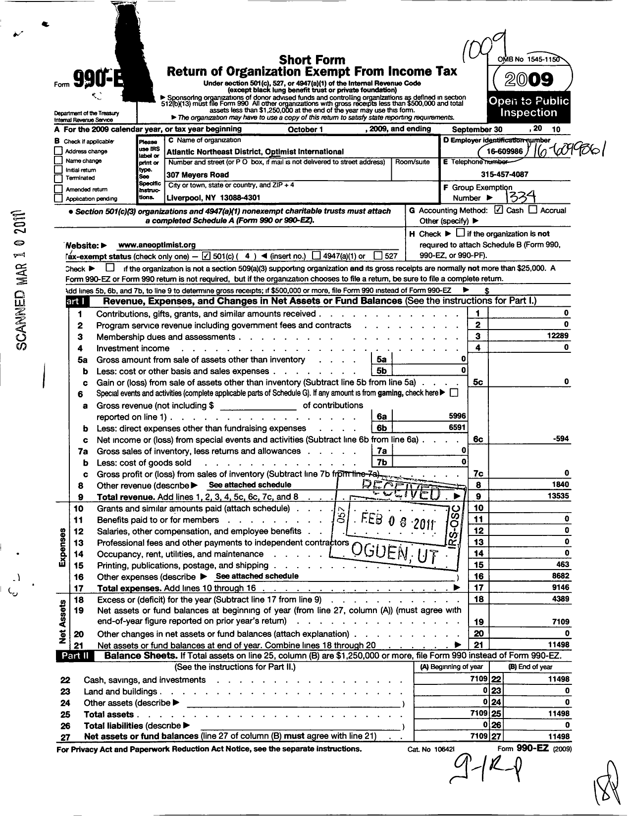 Image of first page of 2009 Form 990EO for Optimist International - 01999 Atlantic Northeast District