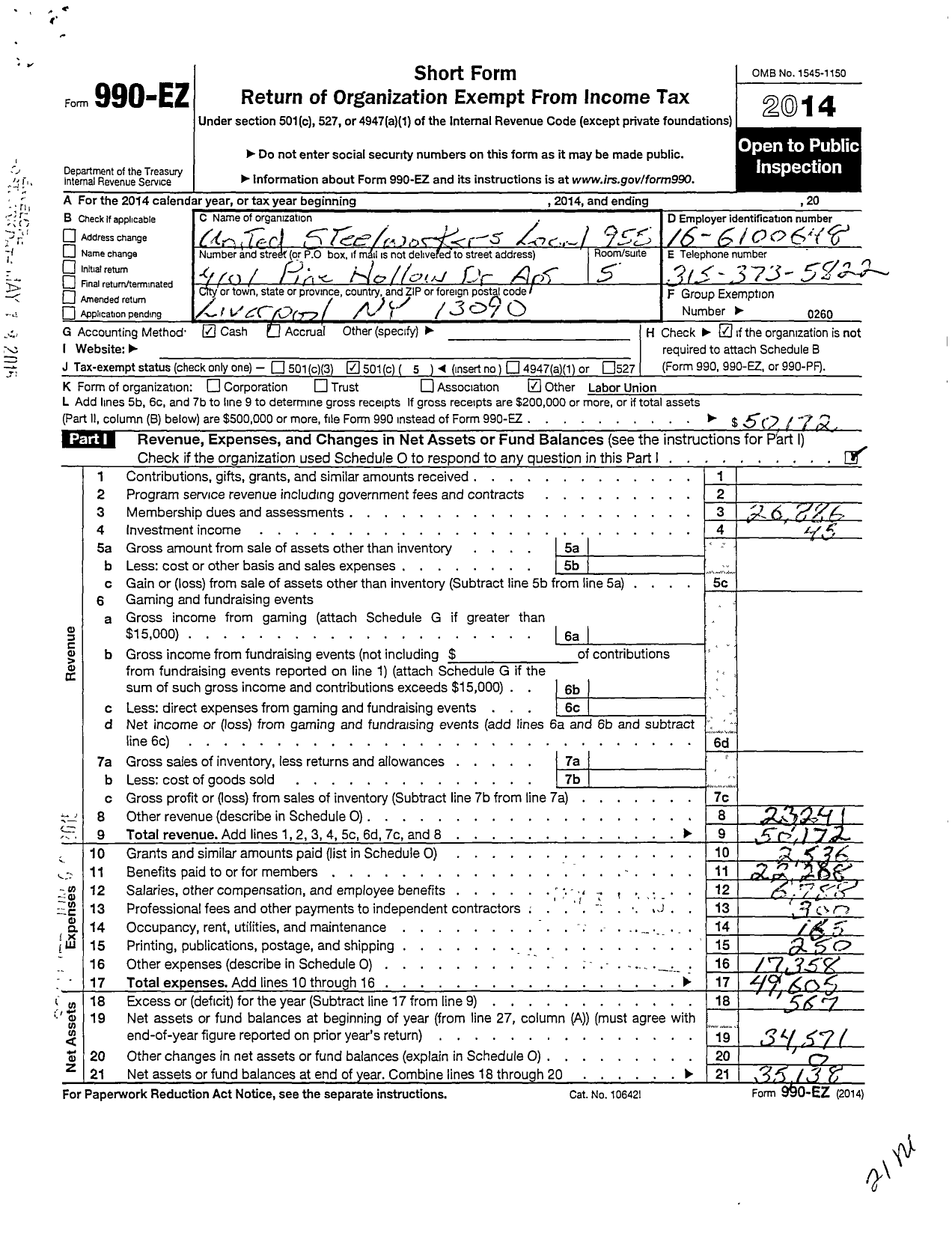 Image of first page of 2014 Form 990EO for United Steelworkers - 00955 Local