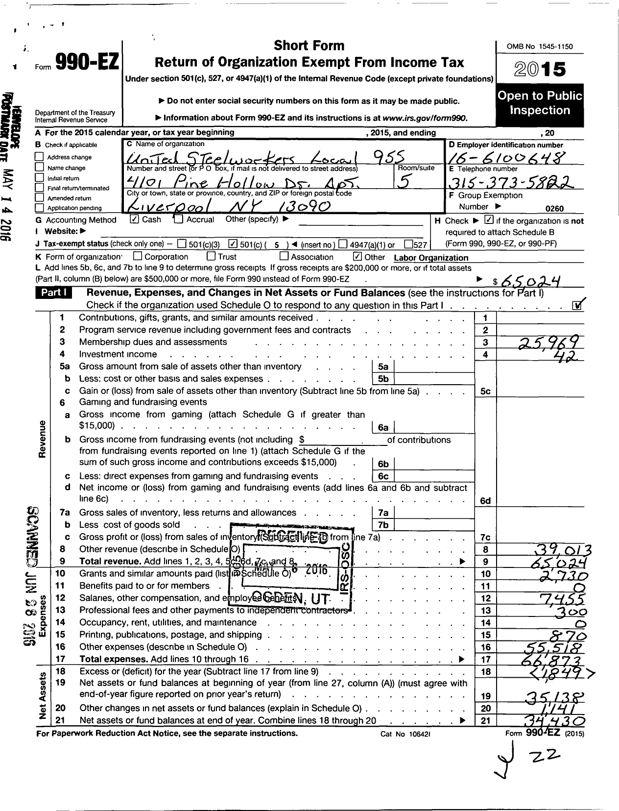 Image of first page of 2015 Form 990EO for United Steelworkers - 00955 Local