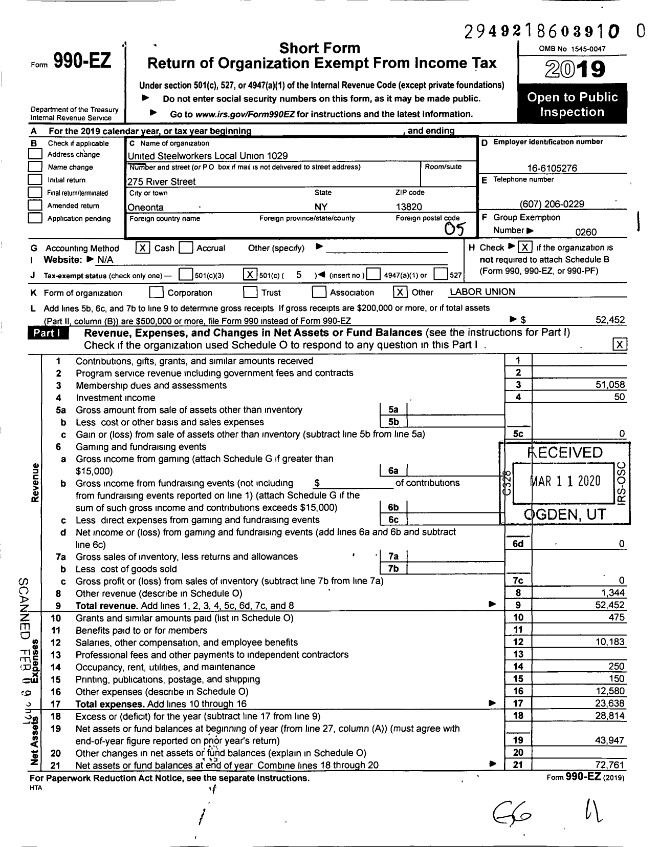 Image of first page of 2019 Form 990EO for United Steelworkers - 1029 Local