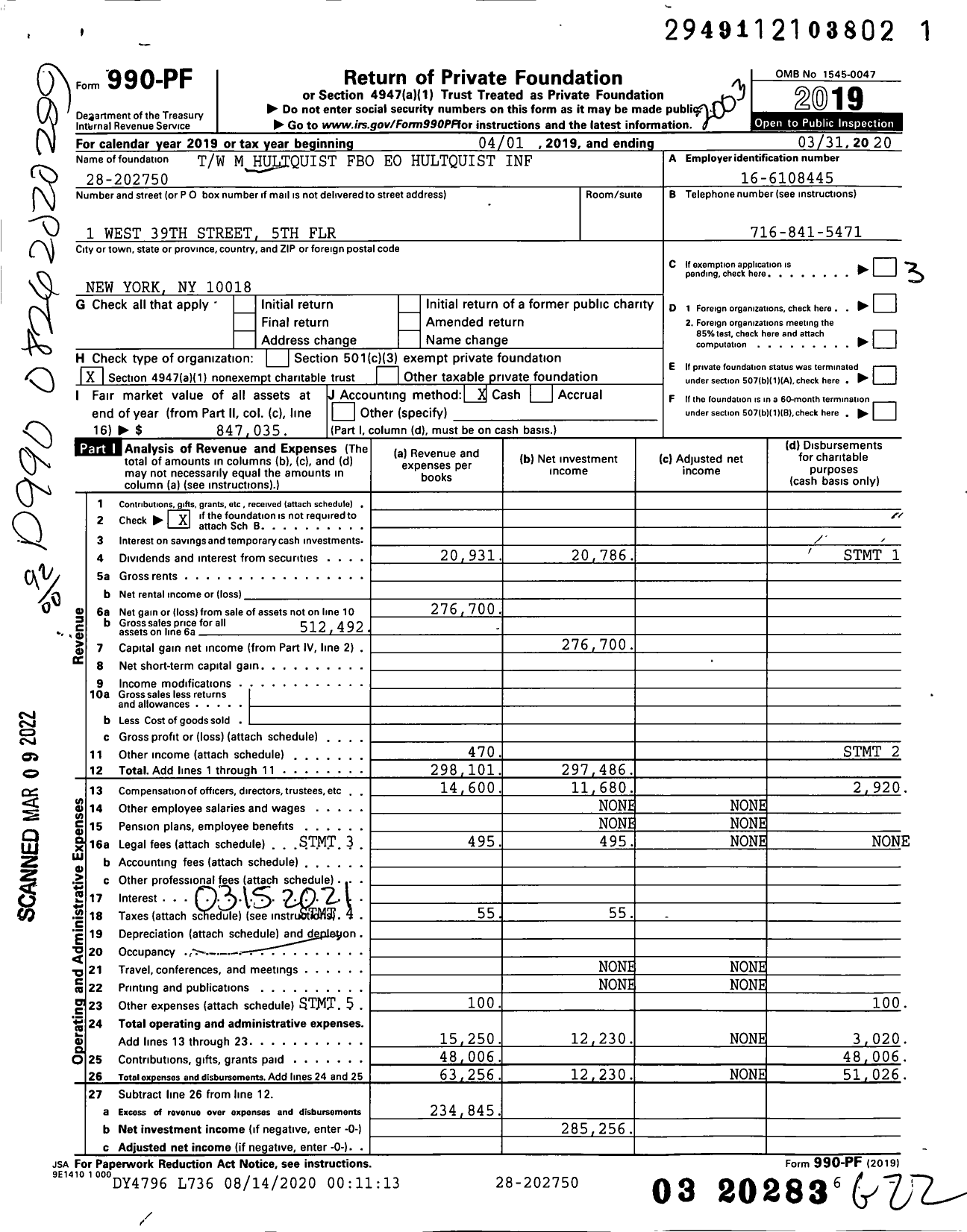 Image of first page of 2019 Form 990PF for TW M Hultquist Fbo Eo Hultquist Inf