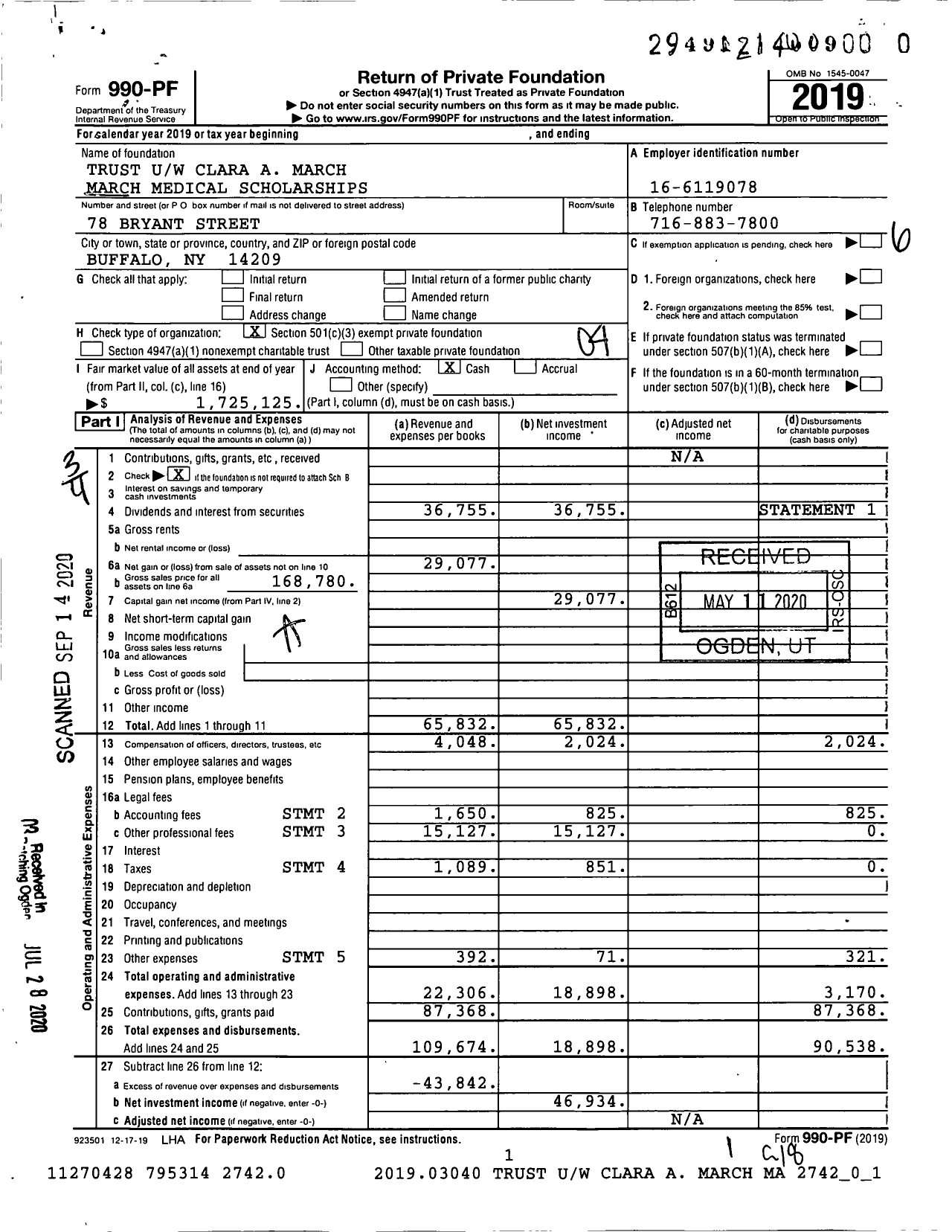 Image of first page of 2019 Form 990PR for Trust Uw Clara A March March Medical Scholarships