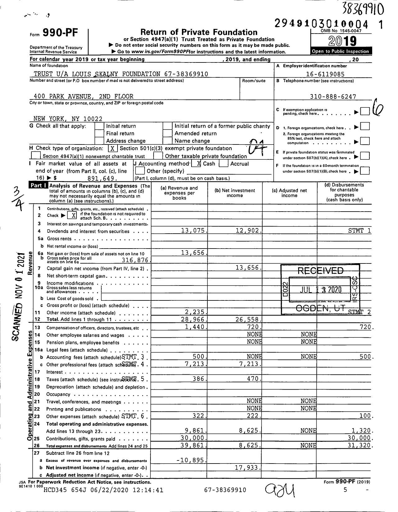 Image of first page of 2019 Form 990PF for Trust Louis Skalny Foundation