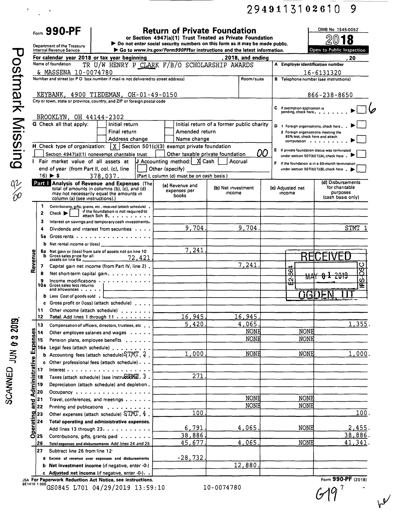 Image of first page of 2018 Form 990PF for TR Uw Henry P Clark Fbo Scholarship Awards