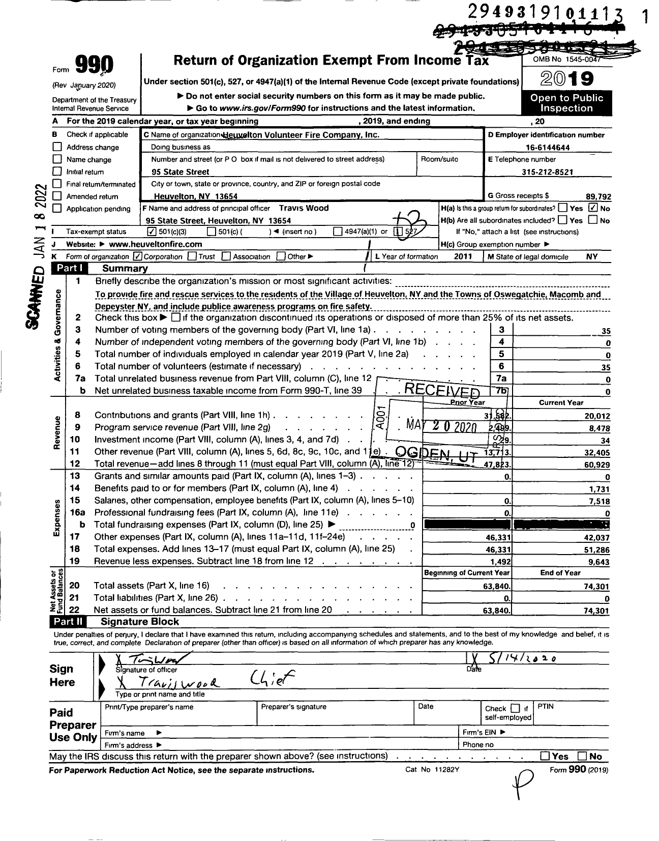 Image of first page of 2019 Form 990 for Heuvelton Volunteer Fire Company