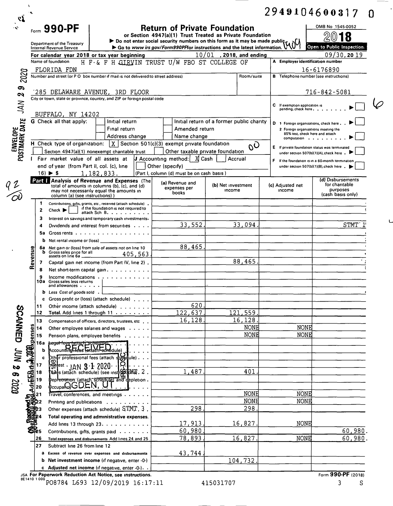 Image of first page of 2018 Form 990PR for H F and F H Girvin Trust Uw Fbo St College of