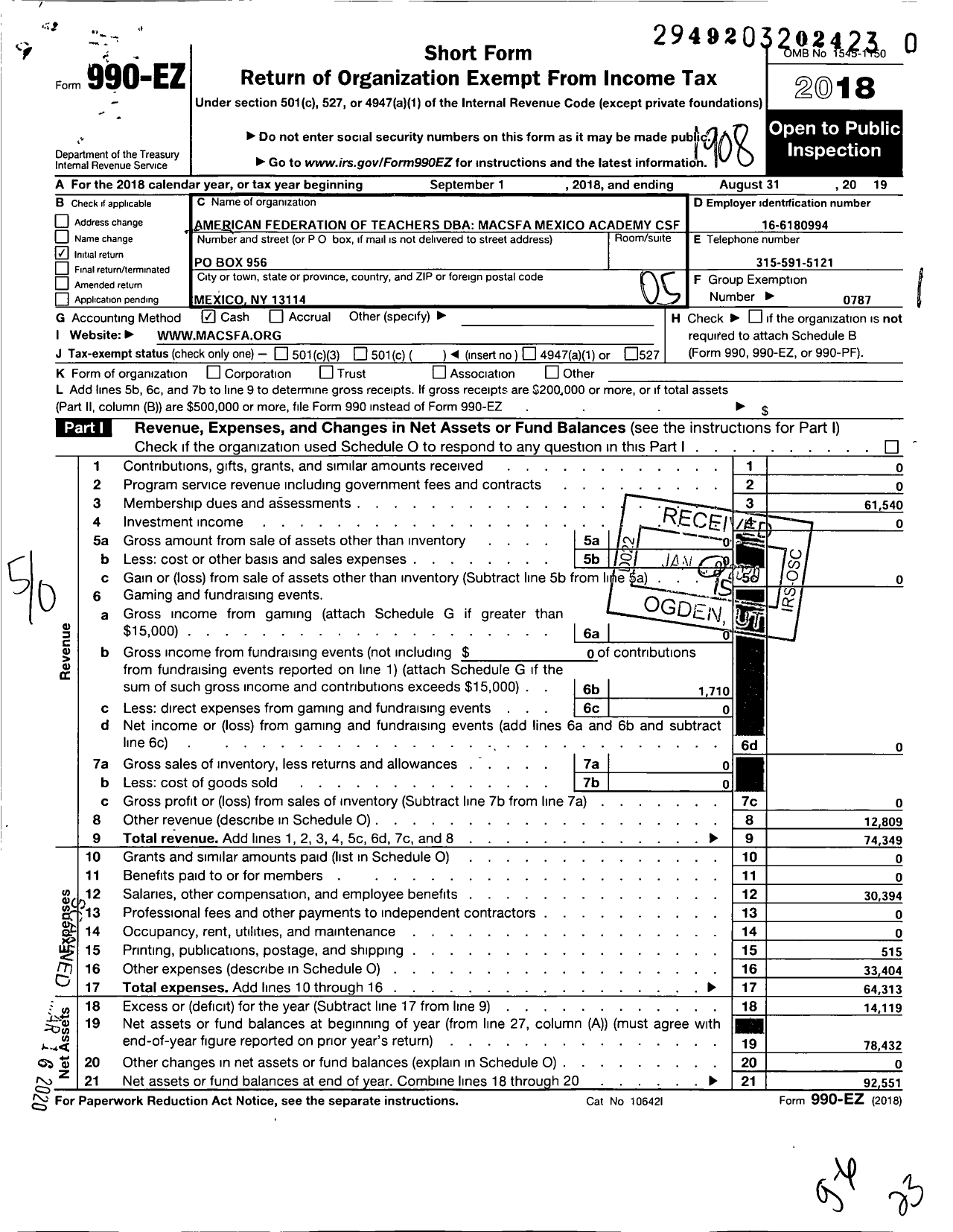 Image of first page of 2018 Form 990EO for AMERICAN FEDERATION OF TEACHERS - MACSFA Mexico Academy CSF