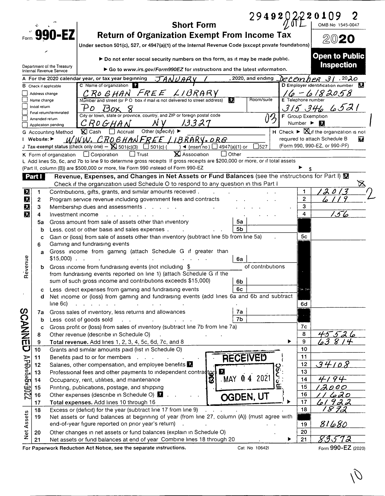 Image of first page of 2020 Form 990EZ for Croghan Free Library