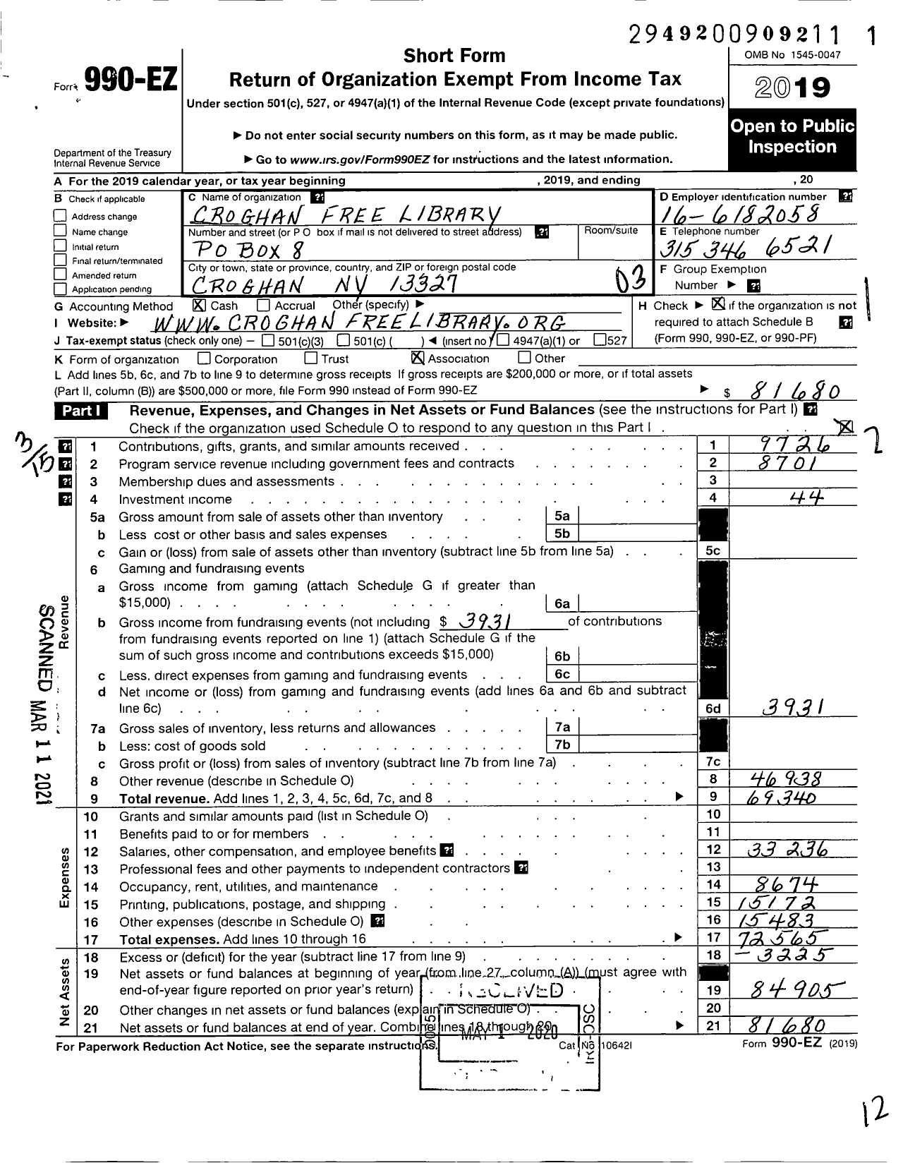 Image of first page of 2019 Form 990EZ for Croghan Free Library