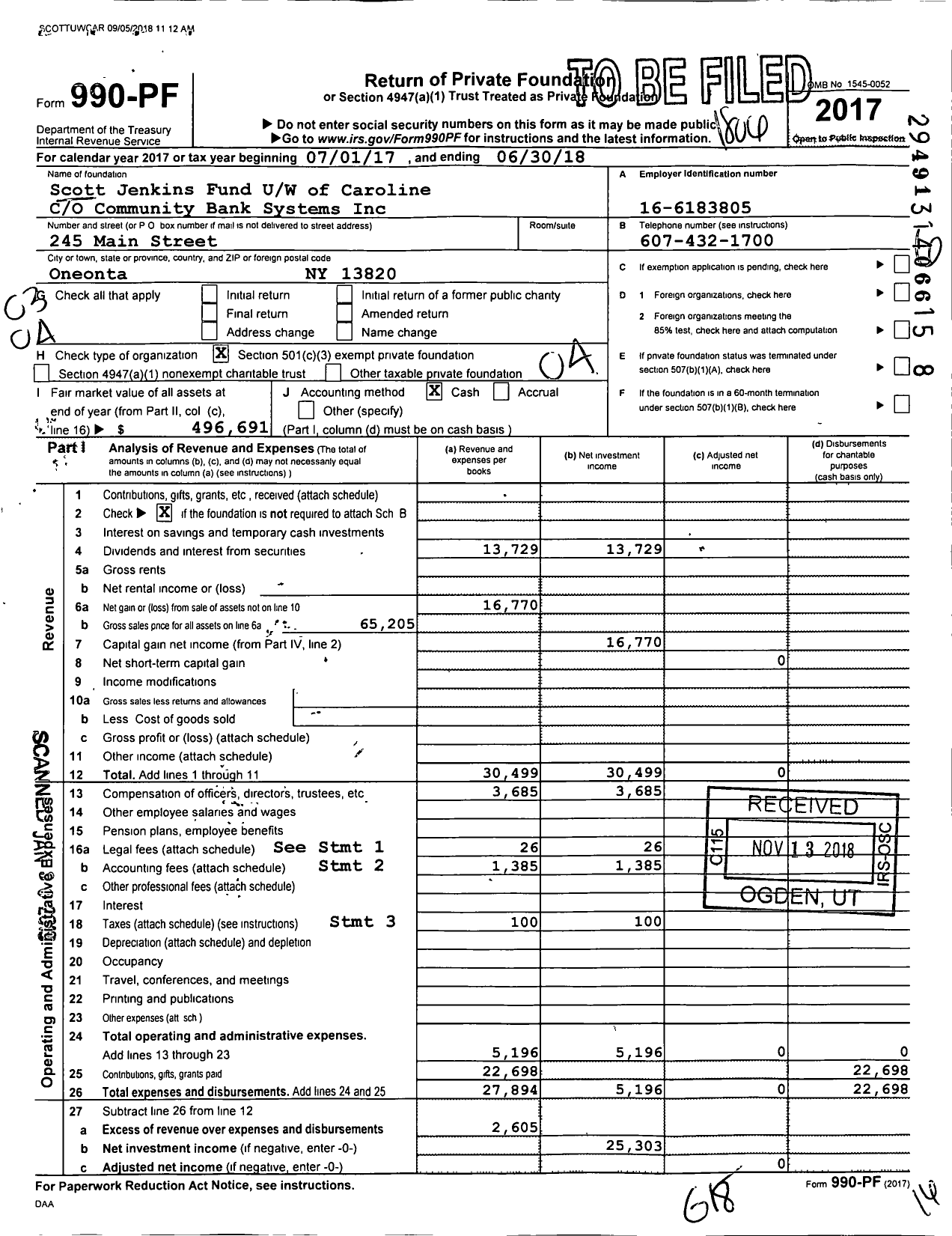 Image of first page of 2017 Form 990PF for Scott Jenkins Fund Uw of Caroline 007774