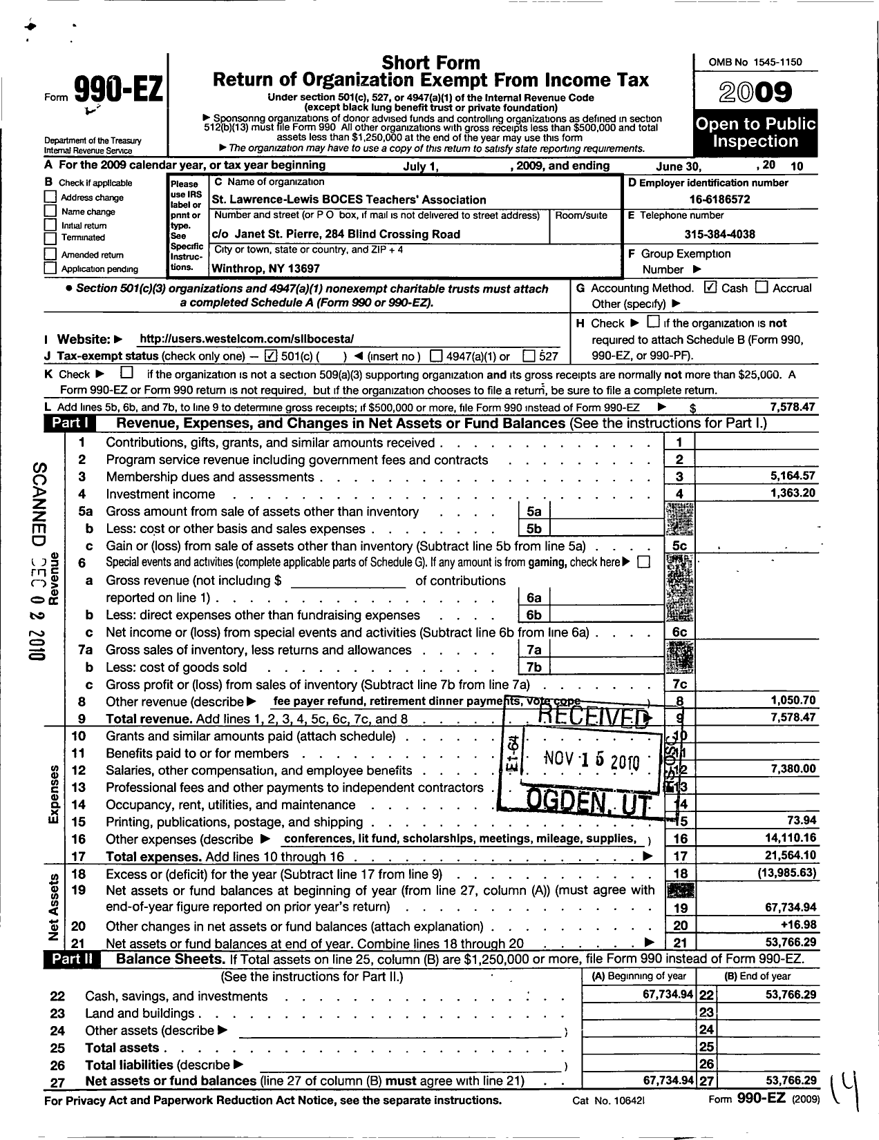 Image of first page of 2009 Form 990EO for American Federation of Teachers - 2976 St Lawrence Cty Boces