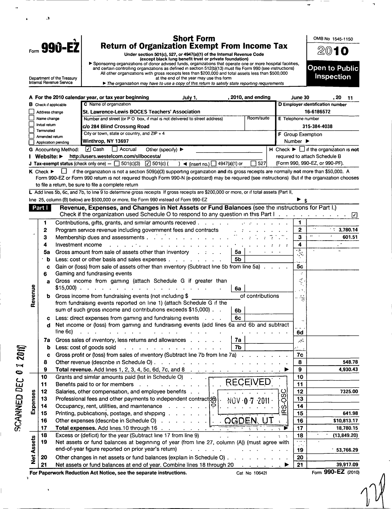 Image of first page of 2010 Form 990EO for American Federation of Teachers - 2976 St Lawrence Cty Boces