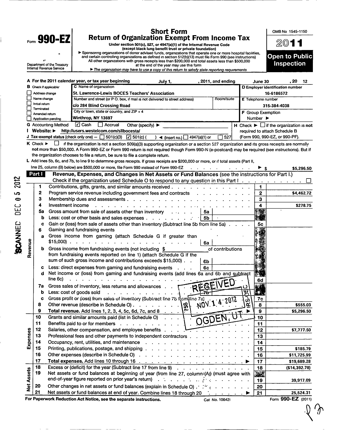 Image of first page of 2011 Form 990EO for American Federation of Teachers - 2976 St Lawrence Cty Boces