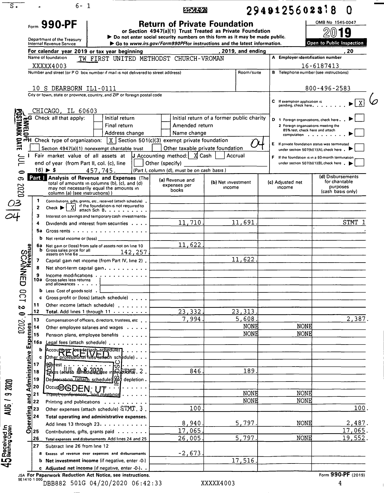 Image of first page of 2019 Form 990PR for TW First United Methodst Church-Vroman