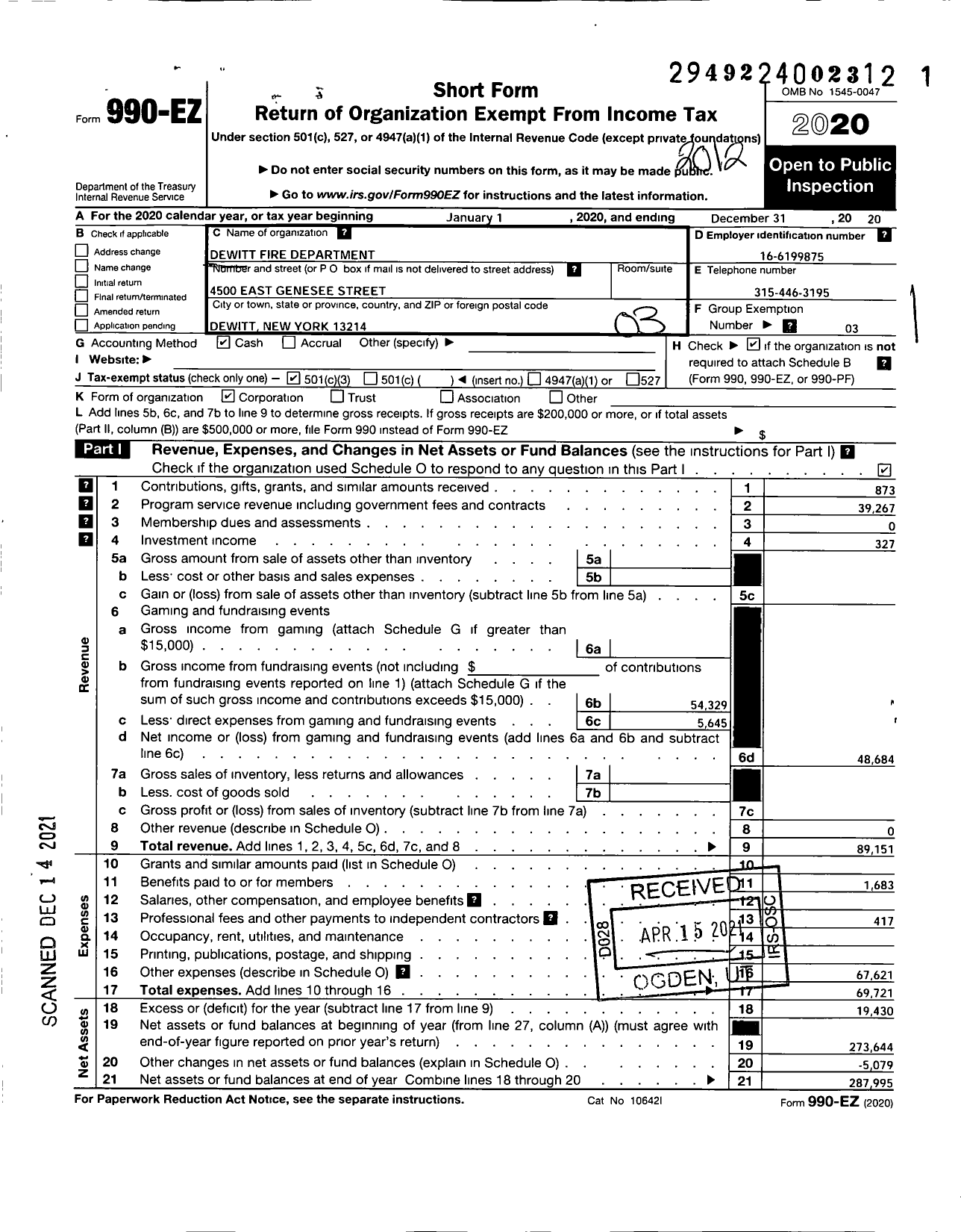 Image of first page of 2020 Form 990EZ for DeWitt Fire Dept