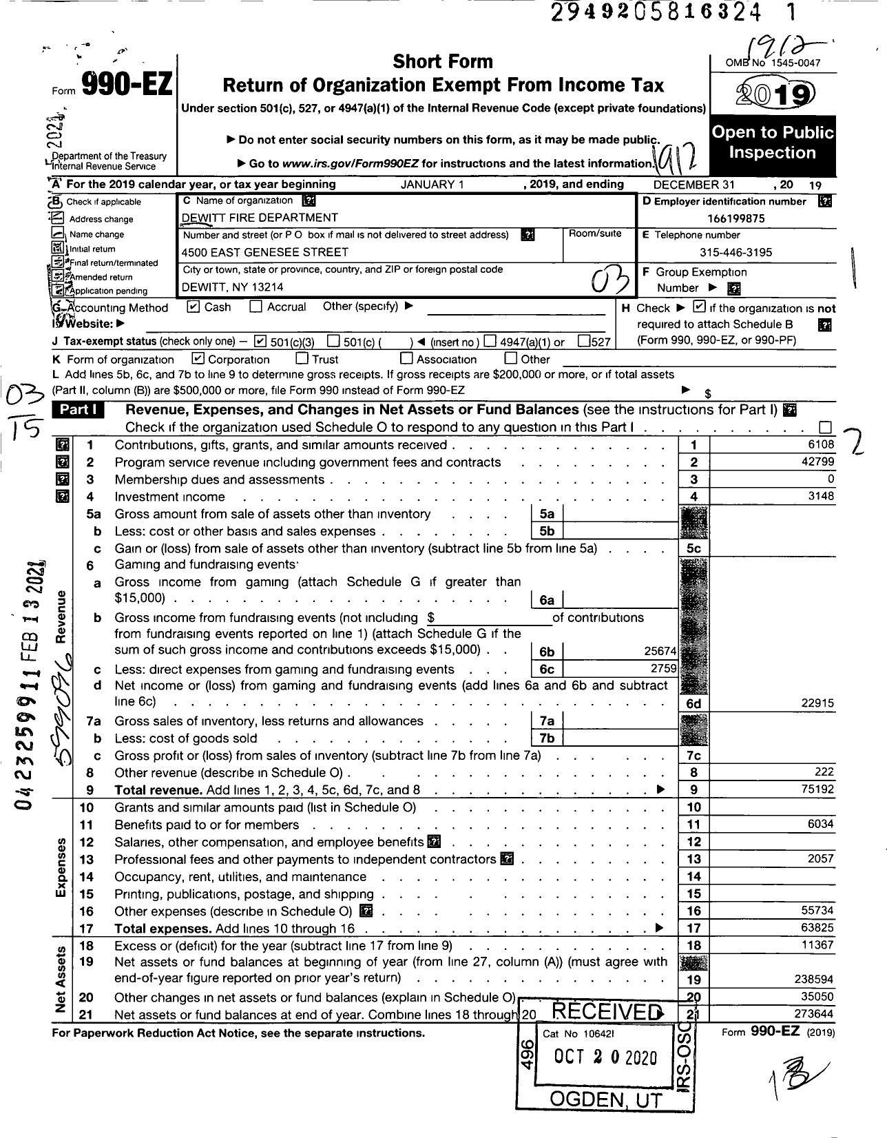 Image of first page of 2019 Form 990EZ for DeWitt Fire Dept