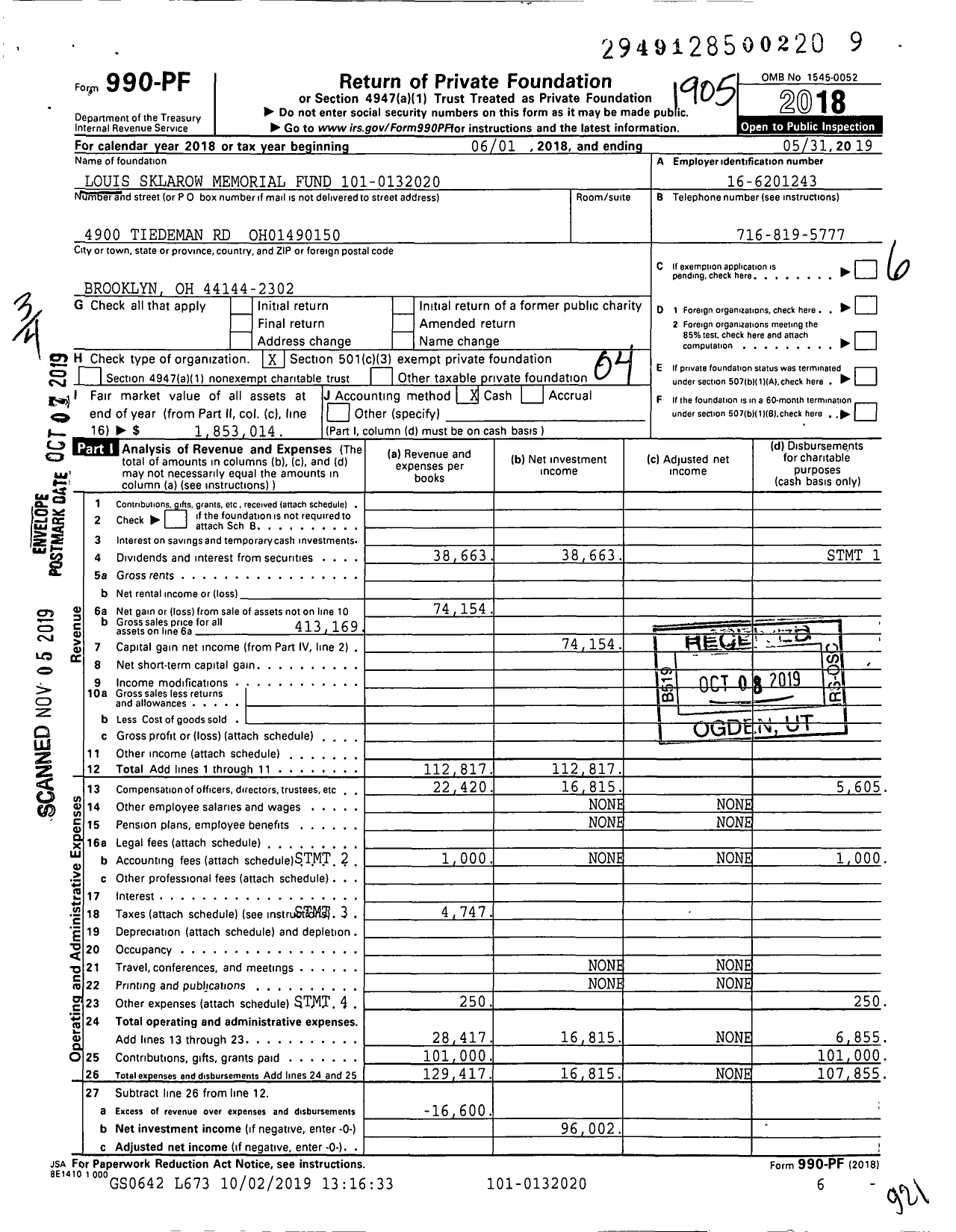 Image of first page of 2018 Form 990PF for Louis Sklarow Memorial Fund