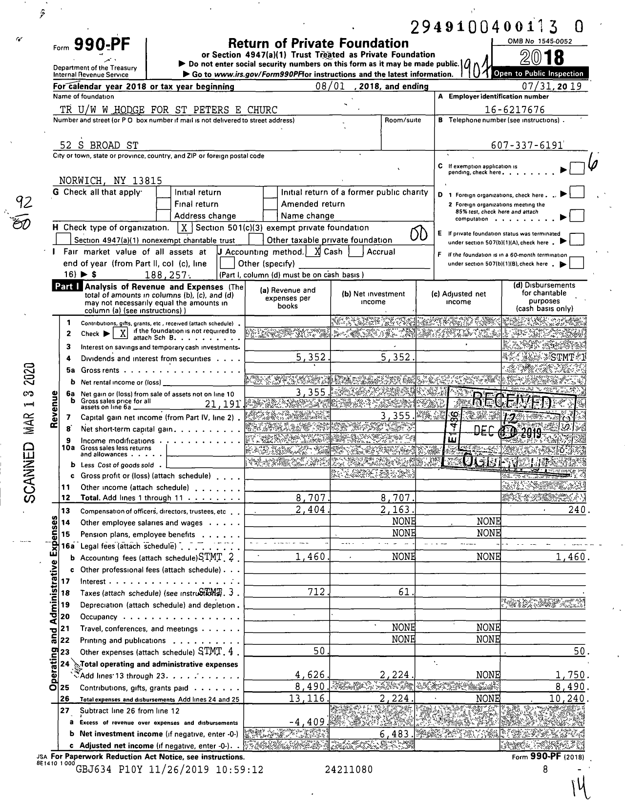 Image of first page of 2018 Form 990PR for TR Uw W Hodge for St Peters E Church