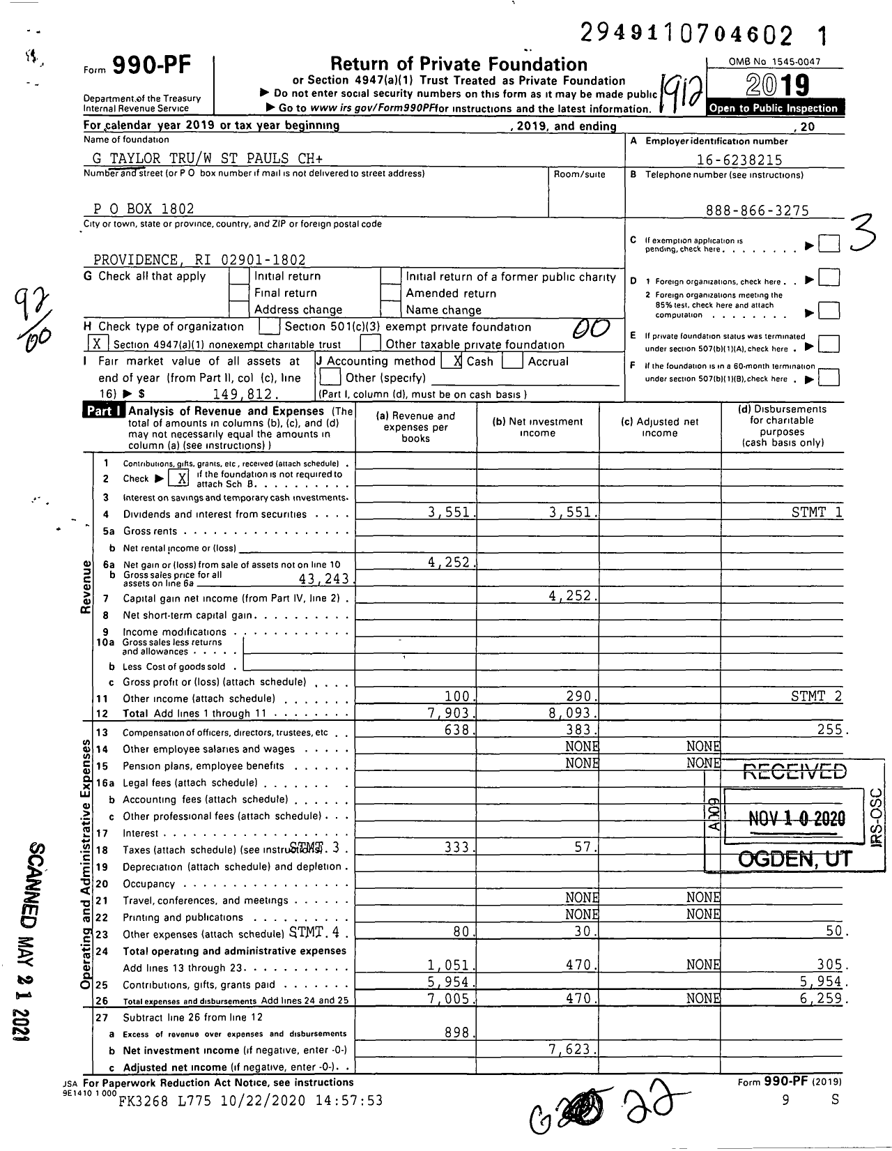 Image of first page of 2019 Form 990PF for G Taylor Truw St Pauls CH