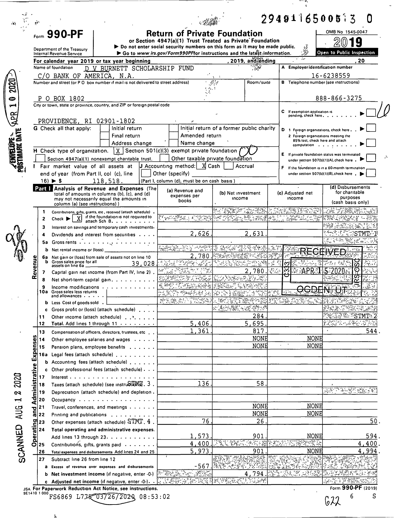 Image of first page of 2019 Form 990PR for D V Burnett Scholarship Fund