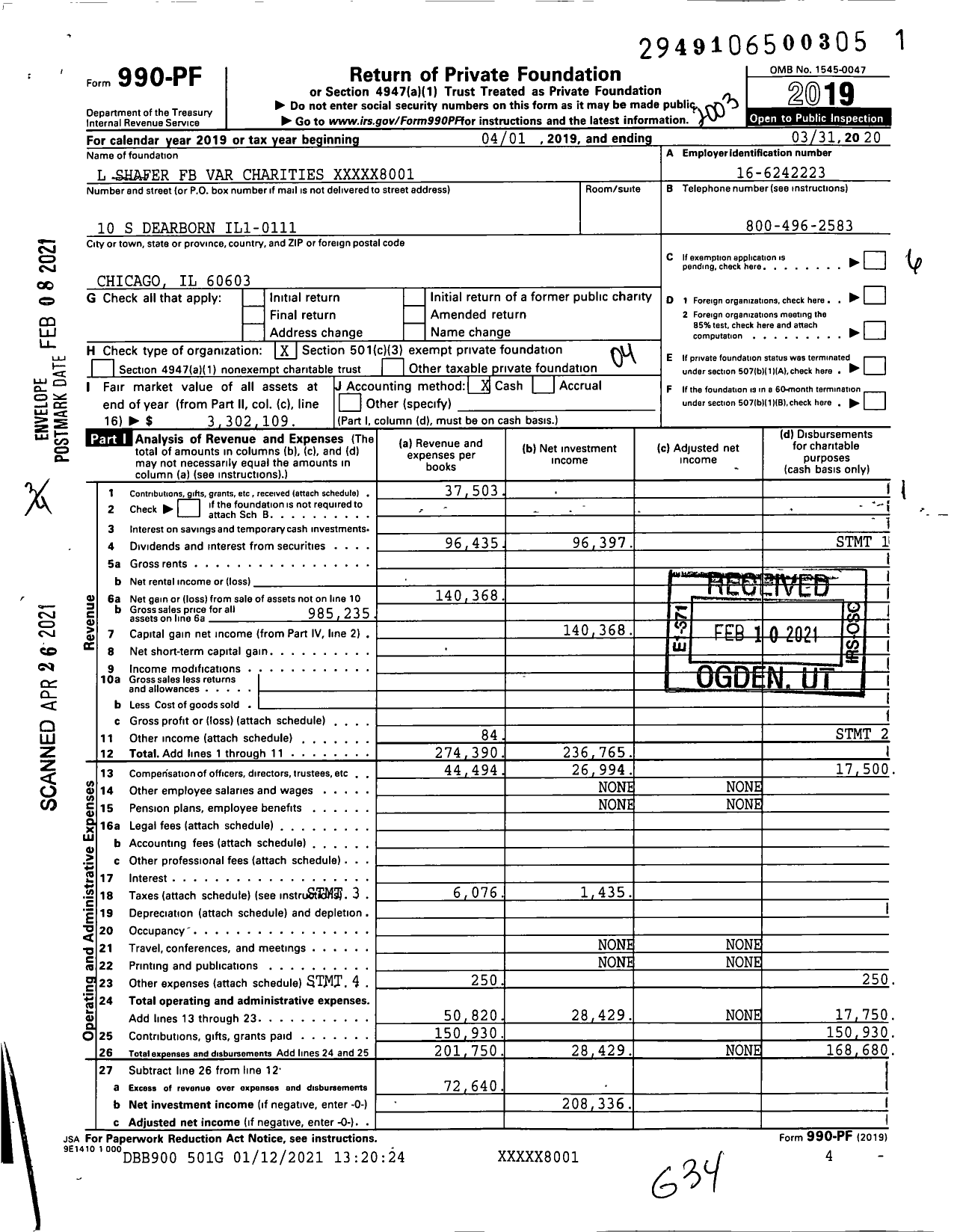 Image of first page of 2019 Form 990PF for L Shafer FB Var Charities XXXXX8001