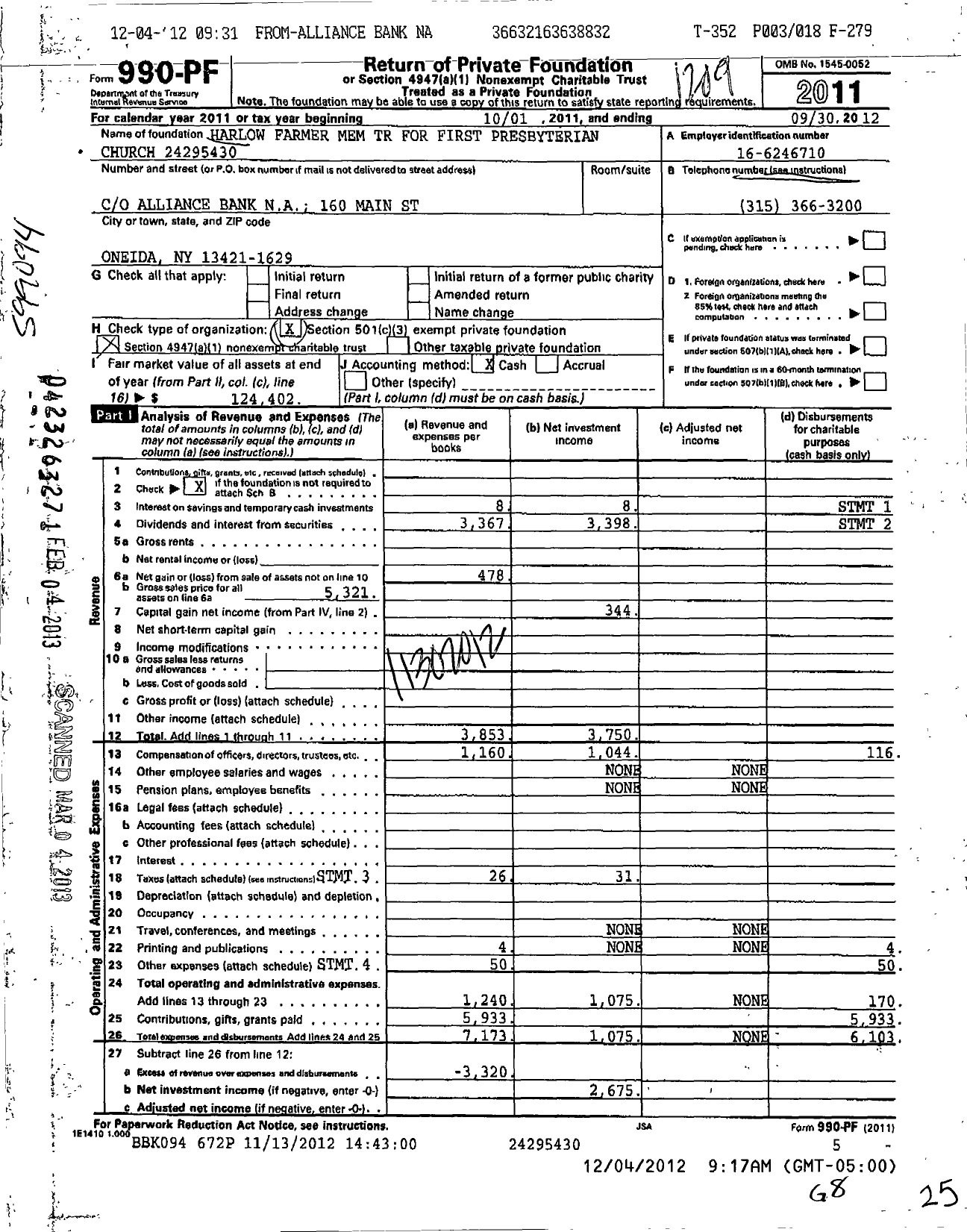 Image of first page of 2011 Form 990PF for Harlow Farmer Mem TR for First Presbyterian Church