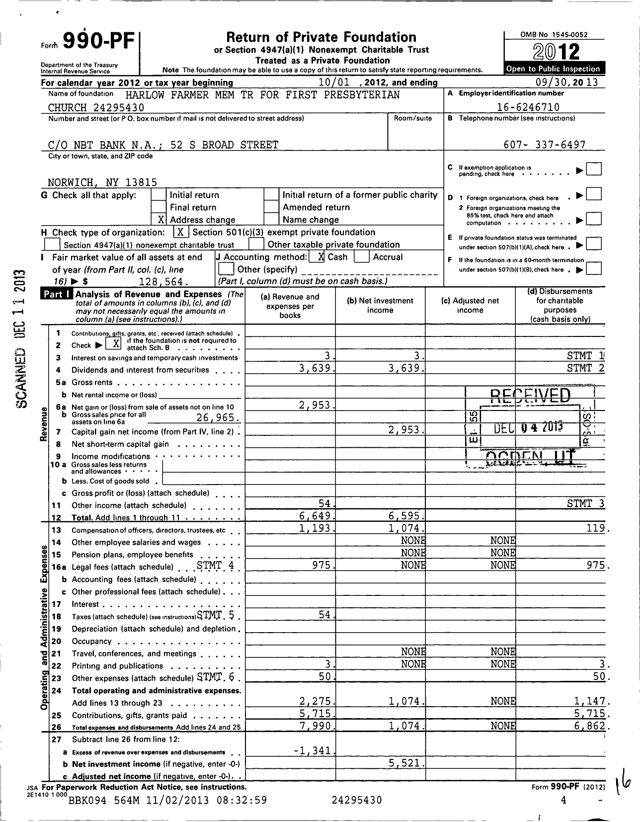 Image of first page of 2012 Form 990PF for Harlow Farmer Mem TR for First Presbyterian Church