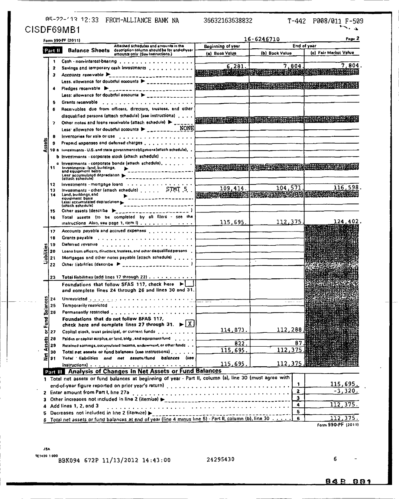 Image of first page of 2011 Form 990PR for Harlow Farmer Mem TR for First Presbyterian Church