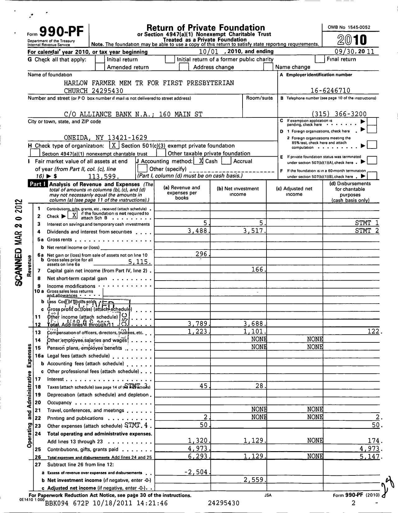 Image of first page of 2010 Form 990PF for Harlow Farmer Mem TR for First Presbyterian Church