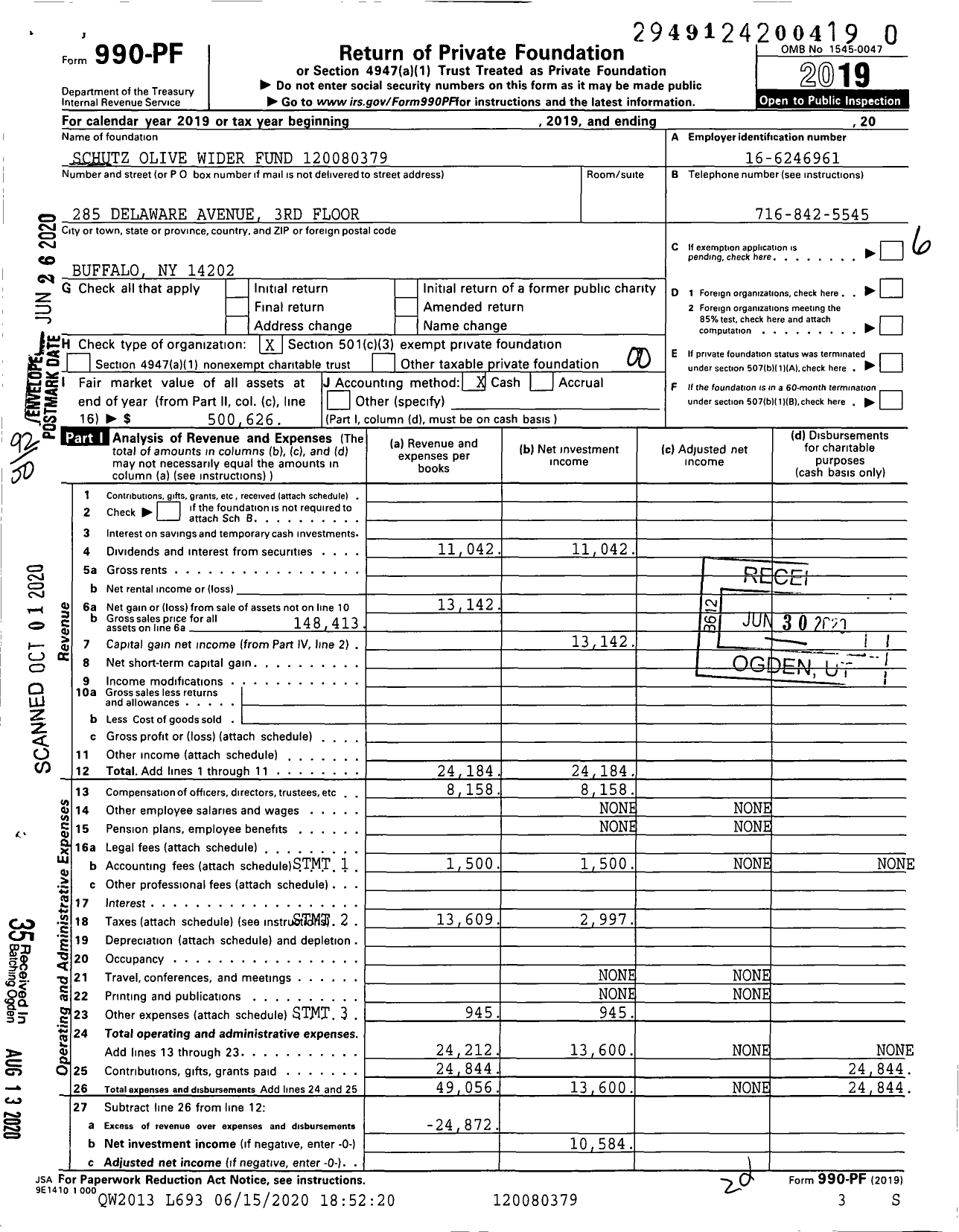 Image of first page of 2019 Form 990PR for Schutz Olive Wider Fund XXX-XX-XXXX