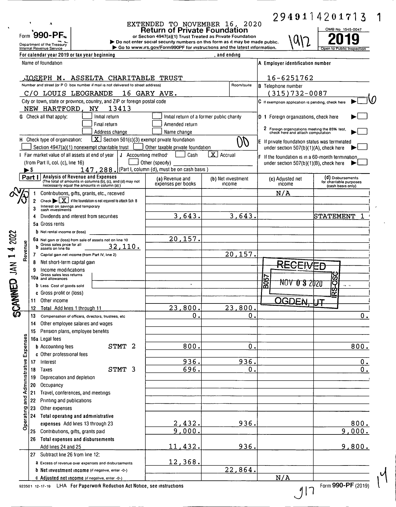 Image of first page of 2019 Form 990PF for Joseph M Asselta Charitable Trust