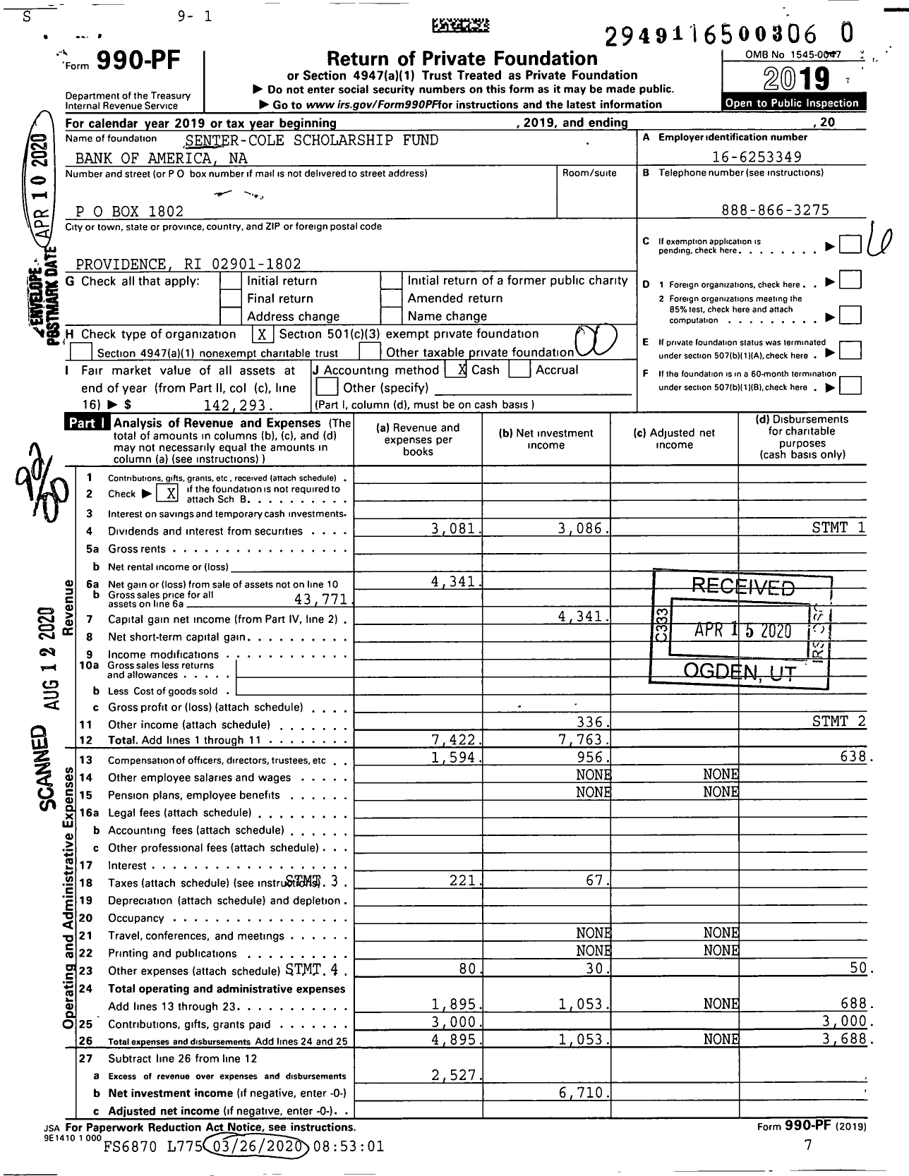 Image of first page of 2019 Form 990PR for Senter-Cole Scholarship Fund