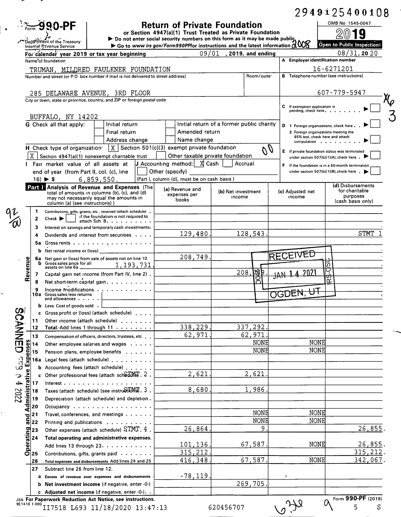 Image of first page of 2019 Form 990PF for Truman Mildred Faulkner Foundation