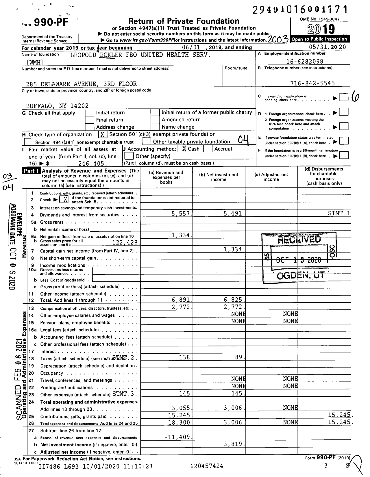 Image of first page of 2019 Form 990PF for Leopold Eckler Trust Uw XXX-XX-XXXX Fbo