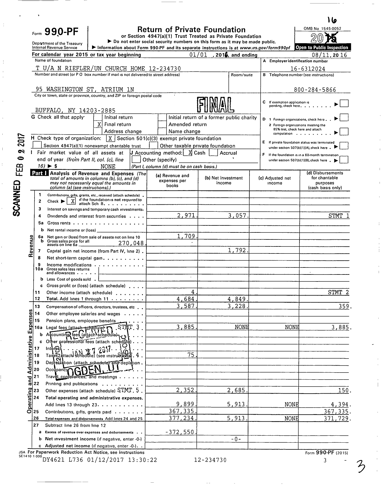 Image of first page of 2015 Form 990PF for T N Riefler Un Church Home