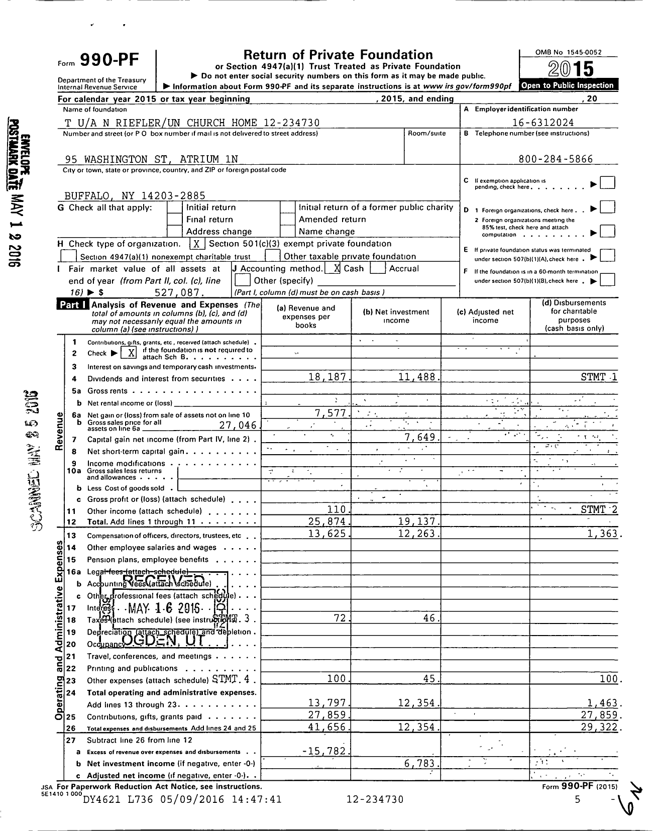 Image of first page of 2015 Form 990PF for T N Riefler Un Church Home