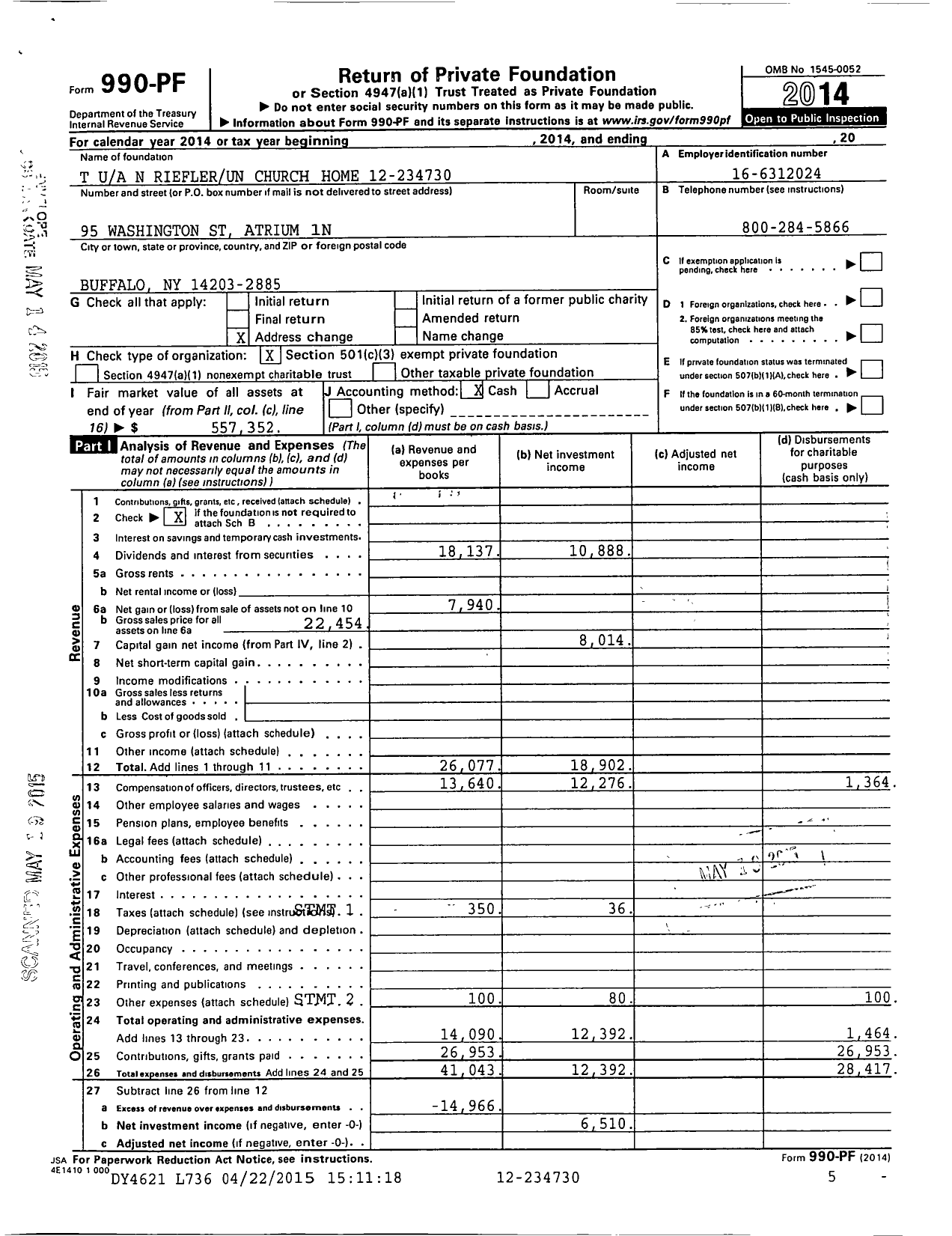 Image of first page of 2014 Form 990PF for T N Riefler Un Church Home